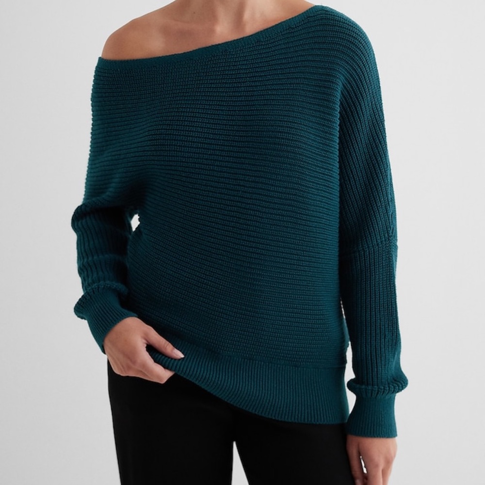 Express Womens Asymmetrical Off the Shoulder Long Sleeve Sweater Medium Teal - Picture 1 of 10